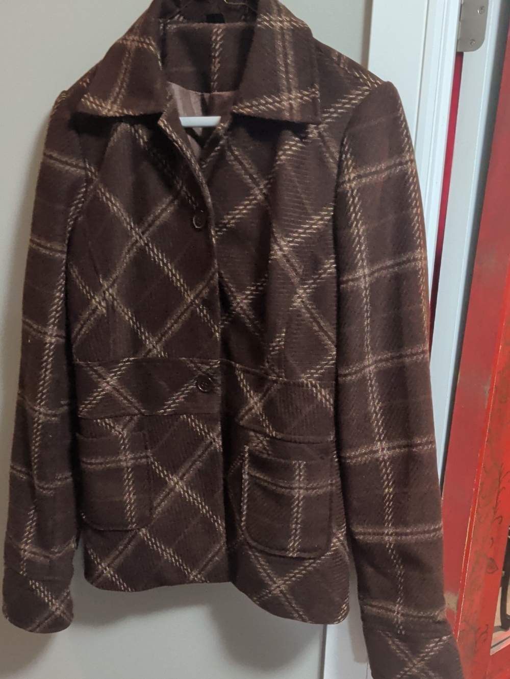 Women's Brown Plaid Windowpane Pattern Vintage Style Jacket Size Large